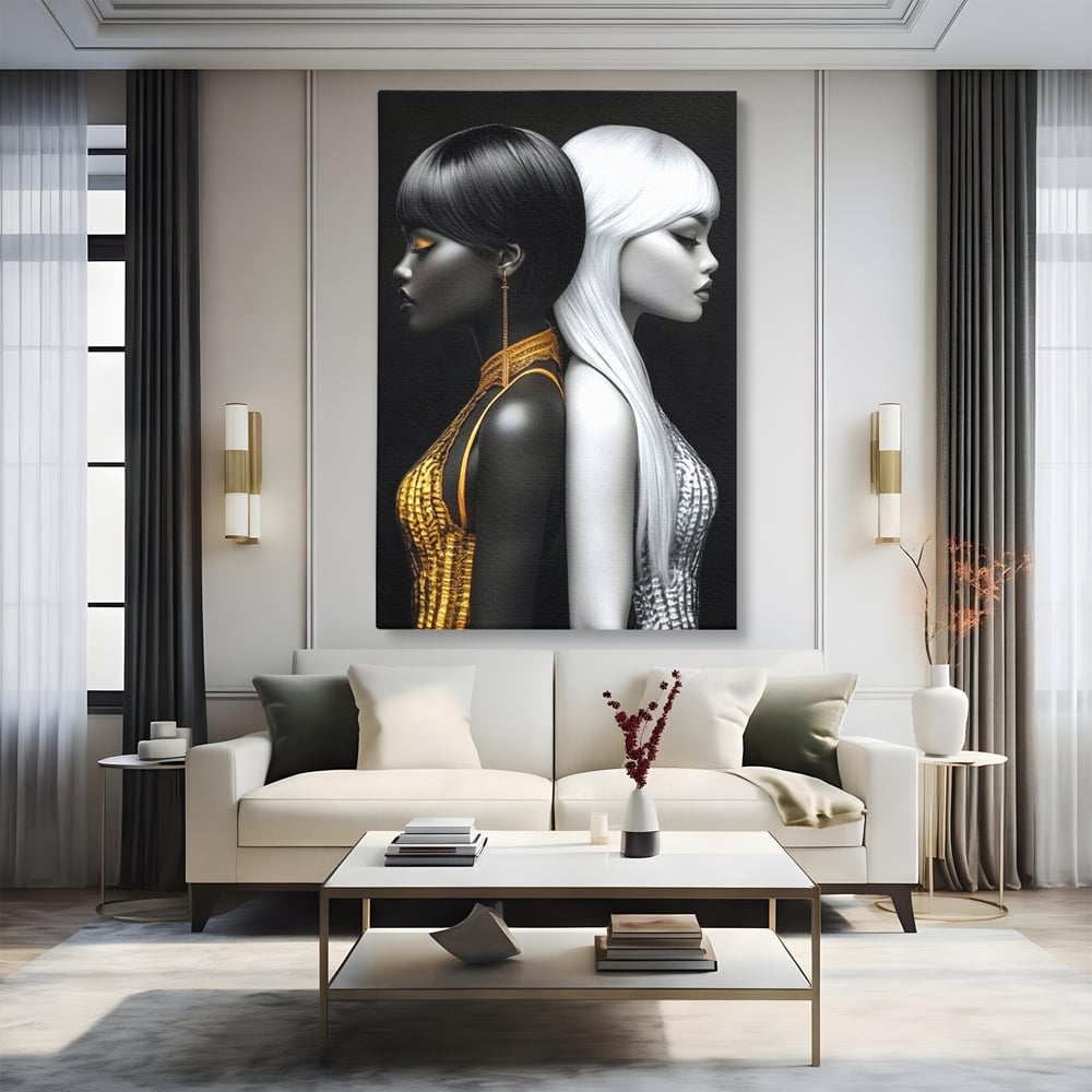 Tablou canvas cu tablou canvas cu doua fete in contrast, fara rama, pe sasiu de lemn, pe perete intr-un living